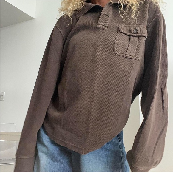 Brown Ribbed Button-Down Collar Long Sleeve Shirt - Picture 2 of 7